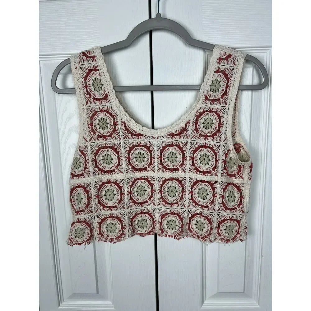 Rachel Zoe S/M Boho Sleeveless Crochet Knit Crop Top Granny Square Festival 70s - Picture 6 of 6